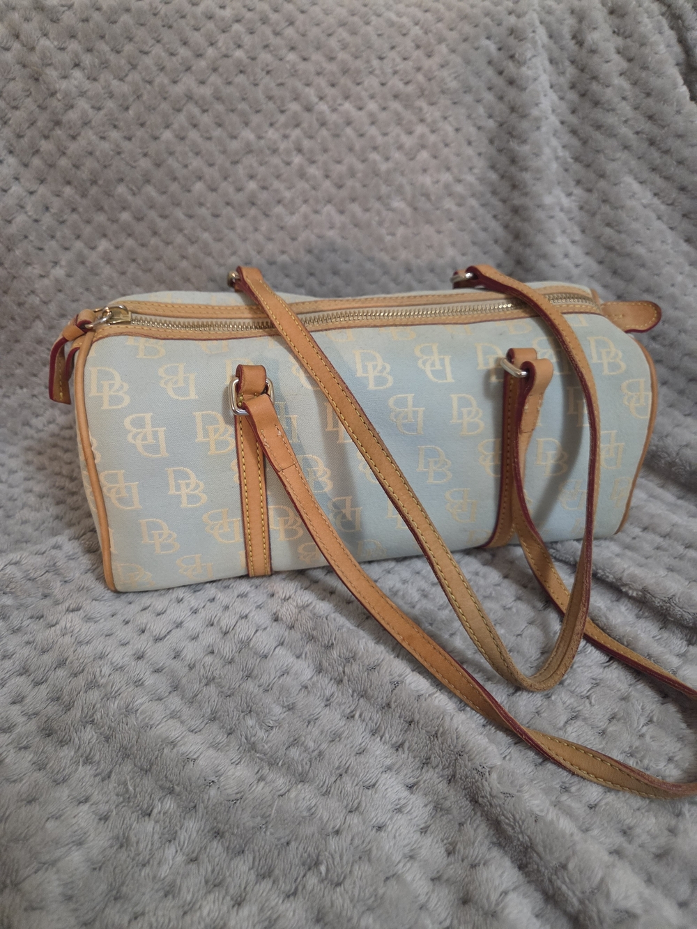 Dooney & Bourke Light Blue and Tan Logo Barrel Satchel